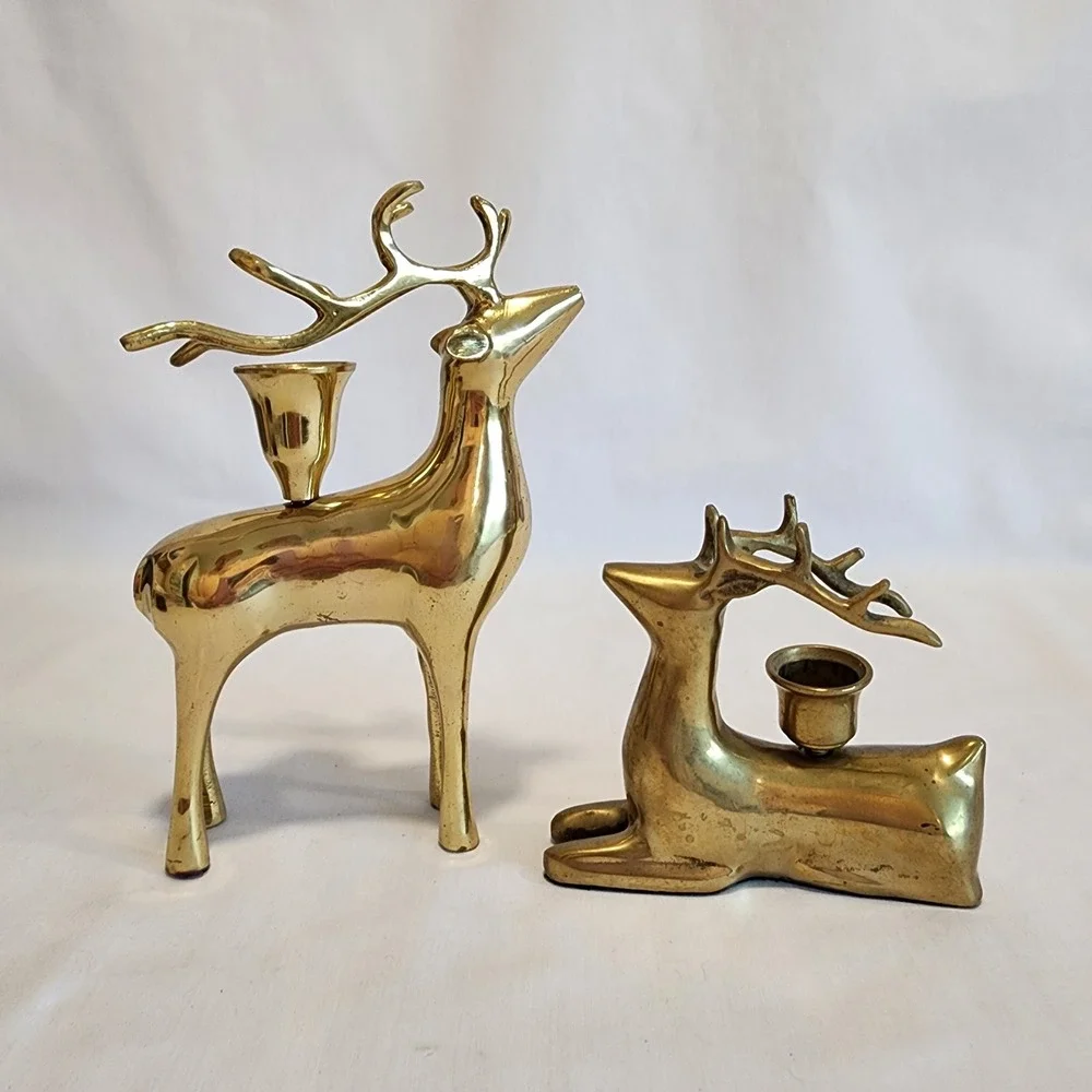 Vintage Solid Brass Reindeer Candle Holder‎ Set Standing and Resting Deer MCM